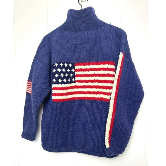 Woolies Vintage American Flag Knit Full Zip Cardigan Sweater Made in Ecuador - Picture 2 of 12